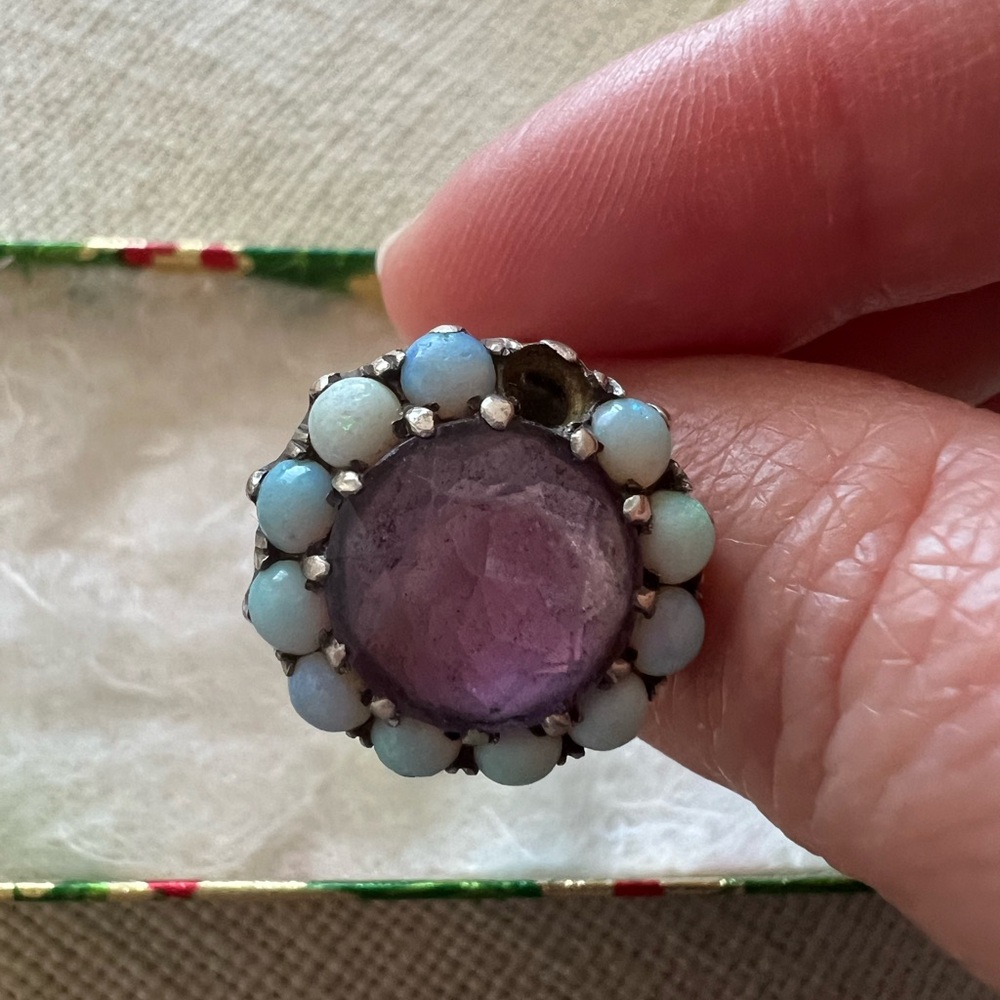 Vintage Early 1920s Amethyst Ring with Blueish Opal Accents - Size 7.5, Sterling